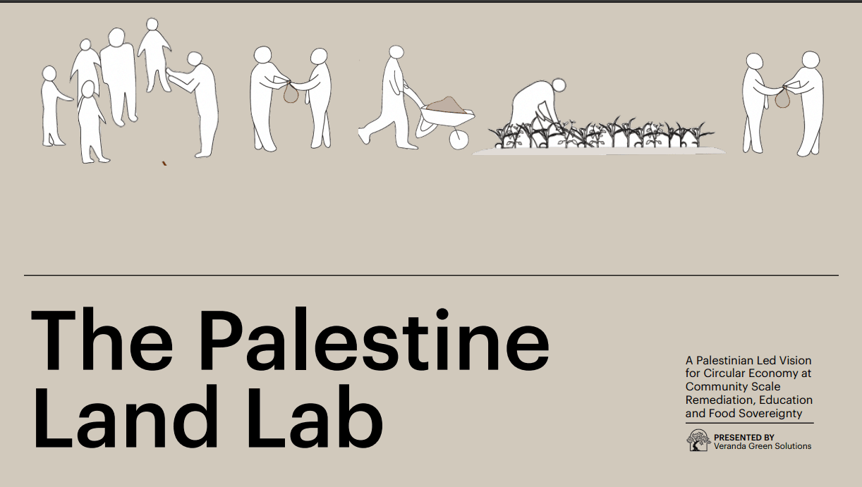 The Palestine Land Lab concept illustration showing community-led soil remediation and food sovereignty vision